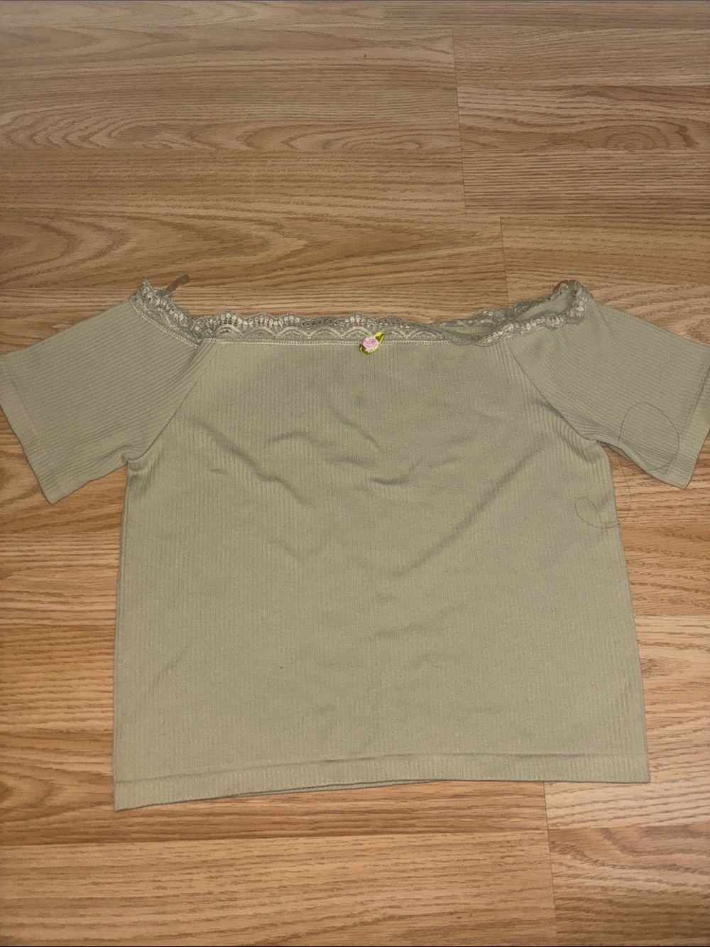 Lace-Trim Off-Shoulder Crop Top in Sage Green